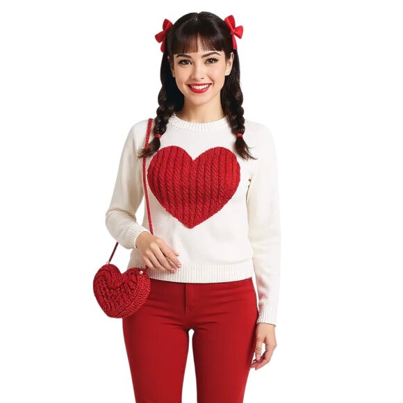 Coquette Aesthetic Heart Cable Knit Sweater, Pullover - Picture 5 of 7